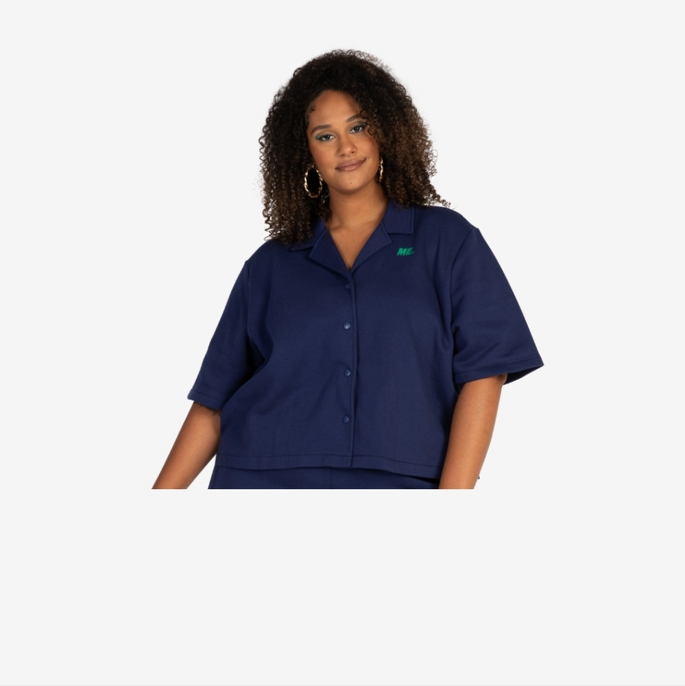 Melody Ehsani Navy Short Sleeve Button Front Top with Green Logo